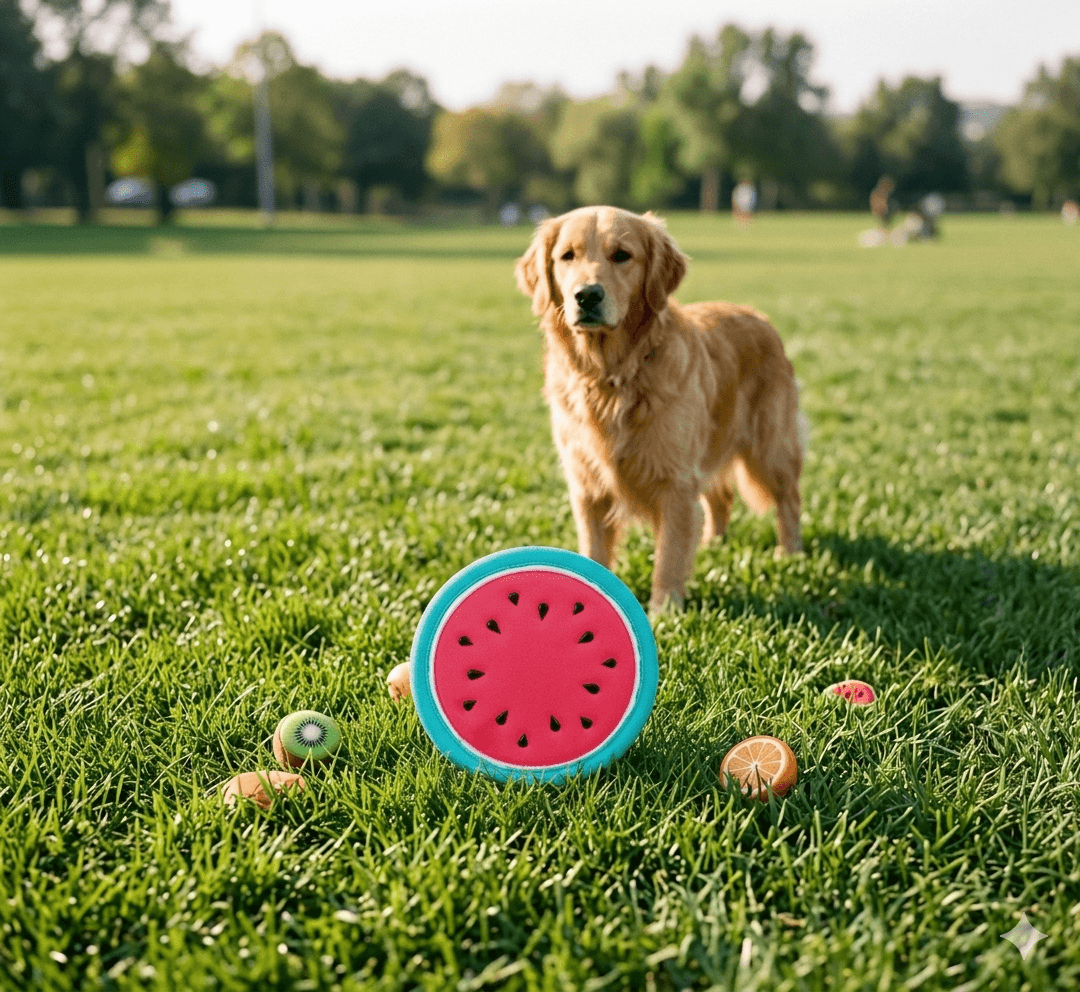 Dog standing on grass with a watermelon-themed toy in front of it fruit flyer dog toy 