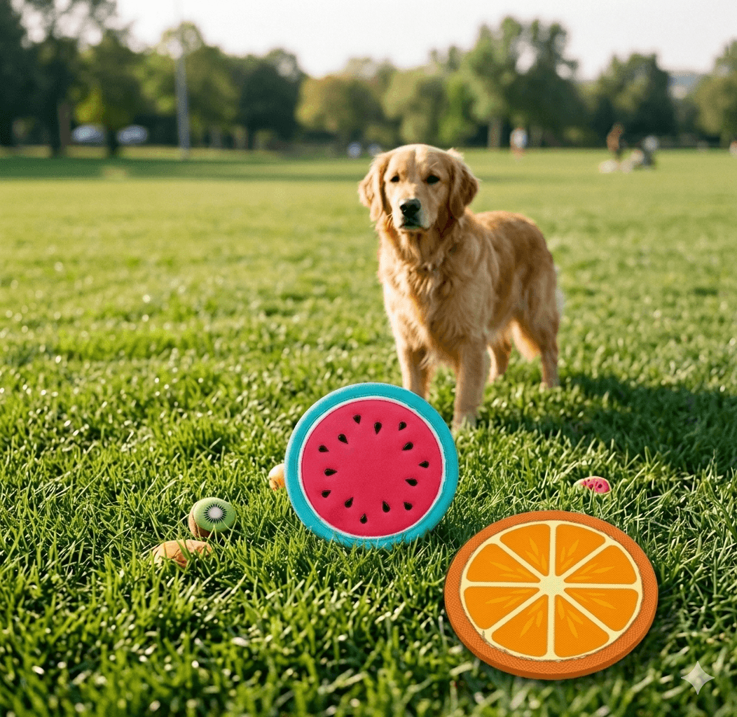 Dog standing on grass with two colorful fruit-shaped dog toys in front  of it fruit flyer dog toy 