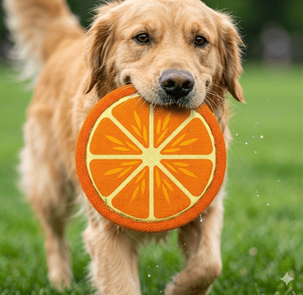 Dog holding an orange toy with a slice design in the grass fruit flyer dog toy 