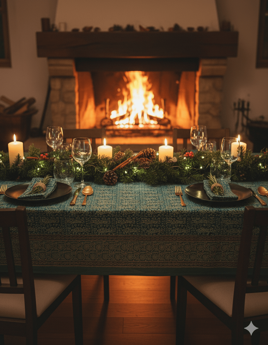 Gold Fish- Natural Dye Table Cloth With 8 Napkins Set