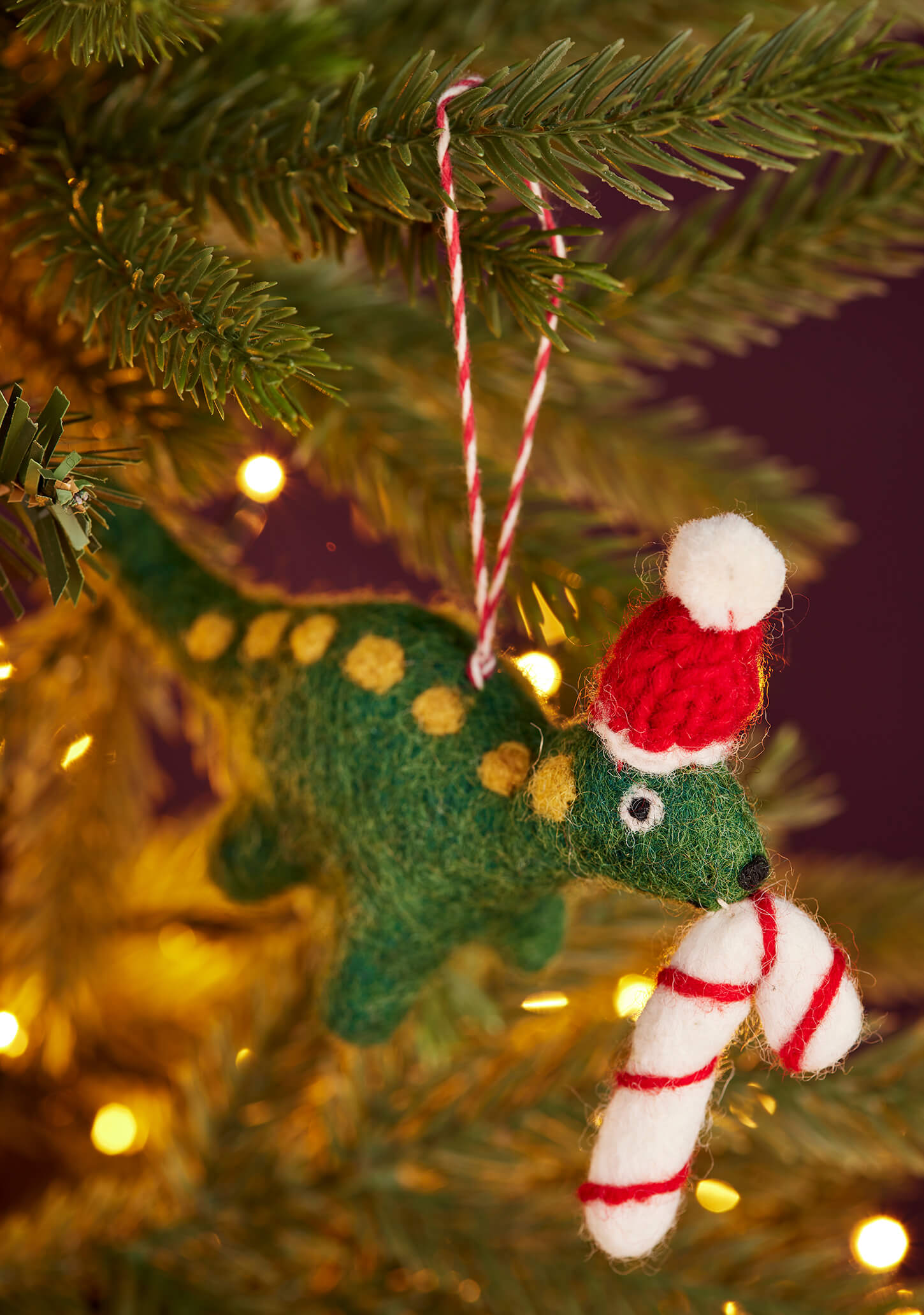 Felt Dinosaur with Cane Ornament - Christmas Tree Decoration