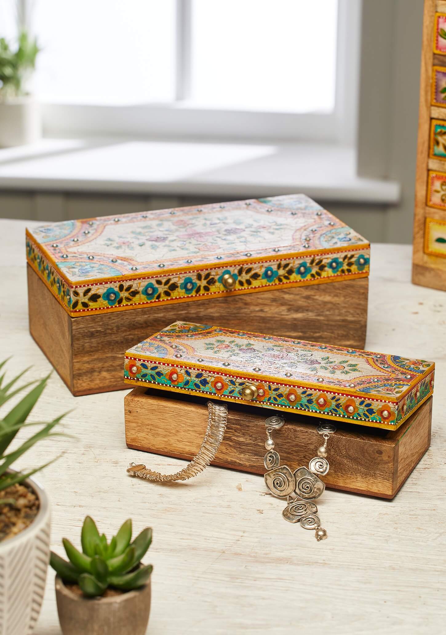 Handmade Wooden Floral Jewellery Box - Set Of Large & Small