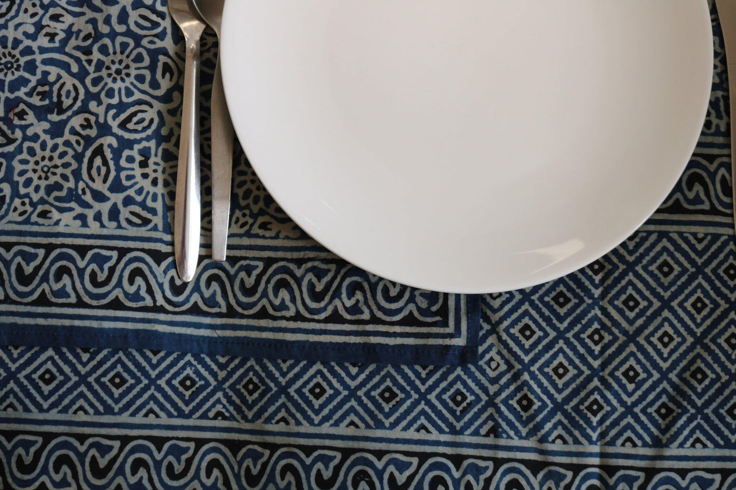 Handmade and ethically made eco-friendly indigo table cover with 8 napkins, naturally dyed.