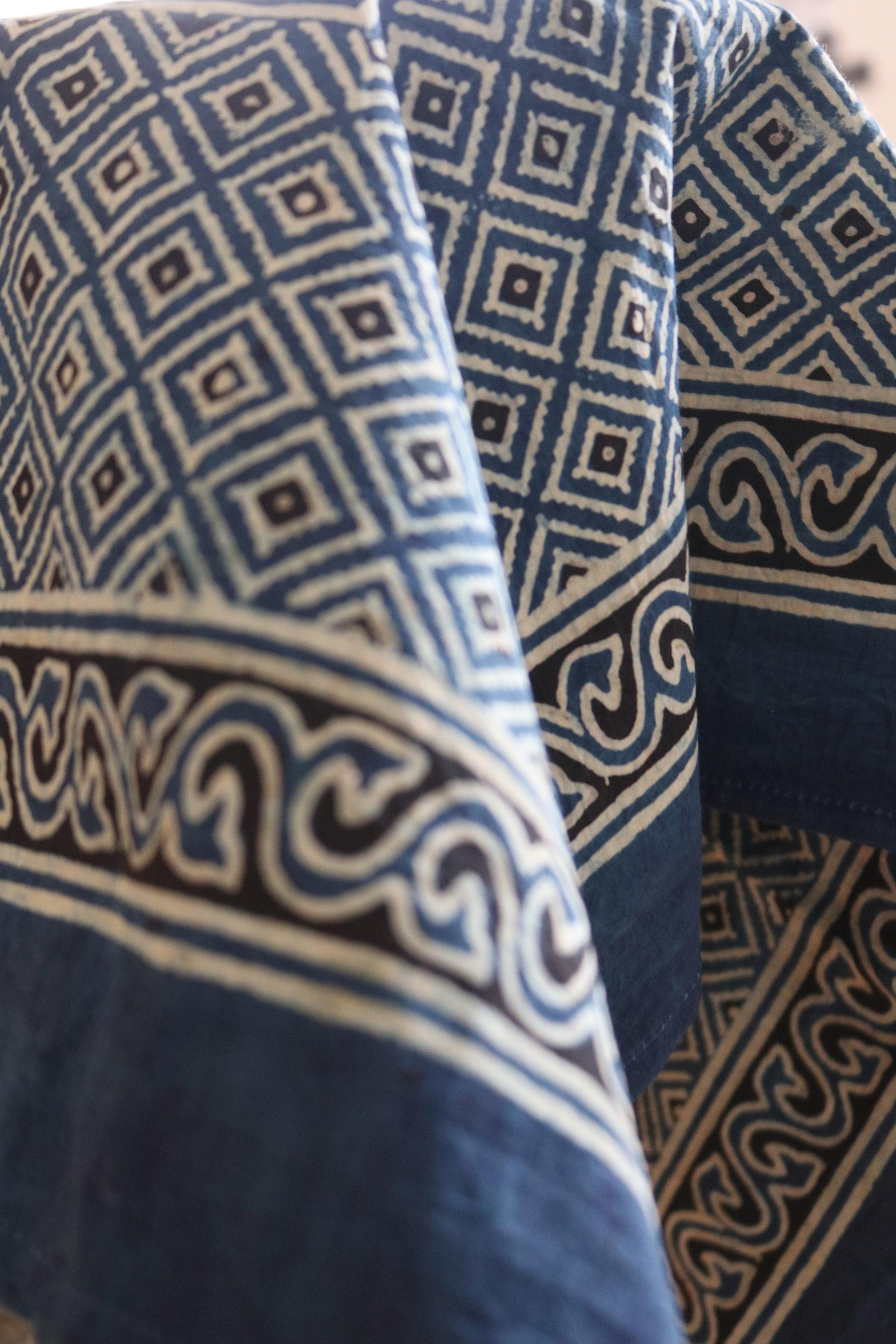 Handmade and ethically made eco-friendly indigo table cover with 8 napkins, naturally dyed.