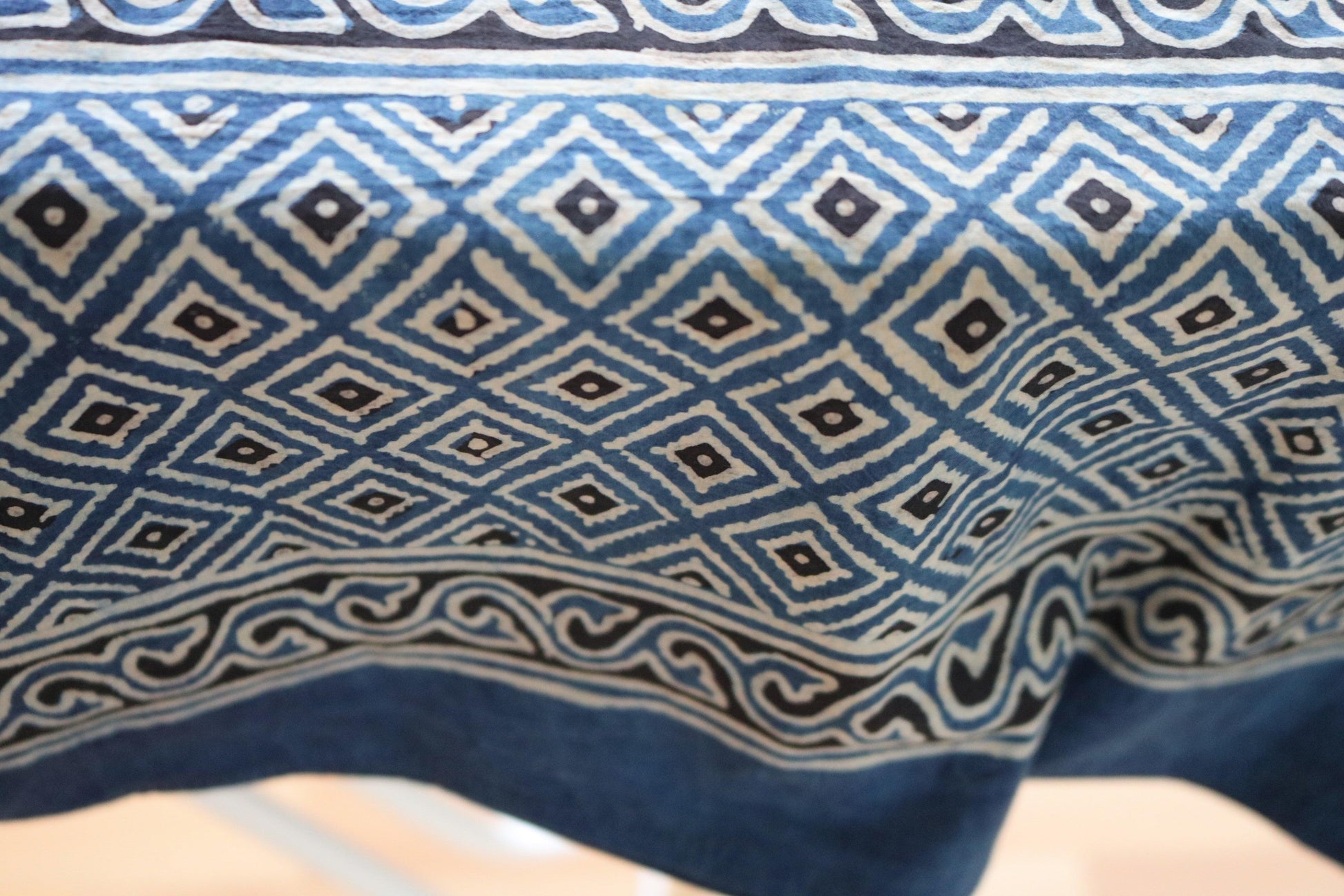 Handmade and ethically made eco-friendly indigo table cover with 8 napkins, naturally dyed.