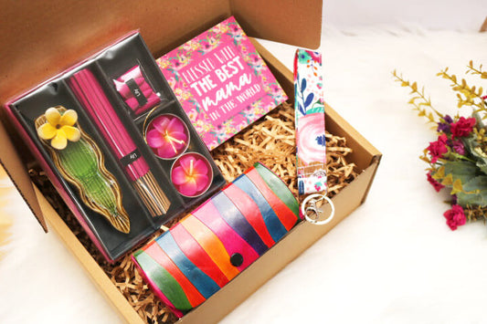 The Best Mama Gift Set  contains pink incense gift set with best mama wall frame, glasses holder and key chain | Ethical Gift Hamper