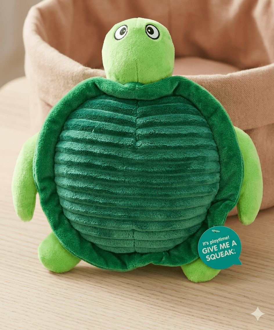 Green plush turtle toy with a squeak feature on a wooden surface. Ocean Animal Squeaky Dog Toy - Soft Interactive Plush