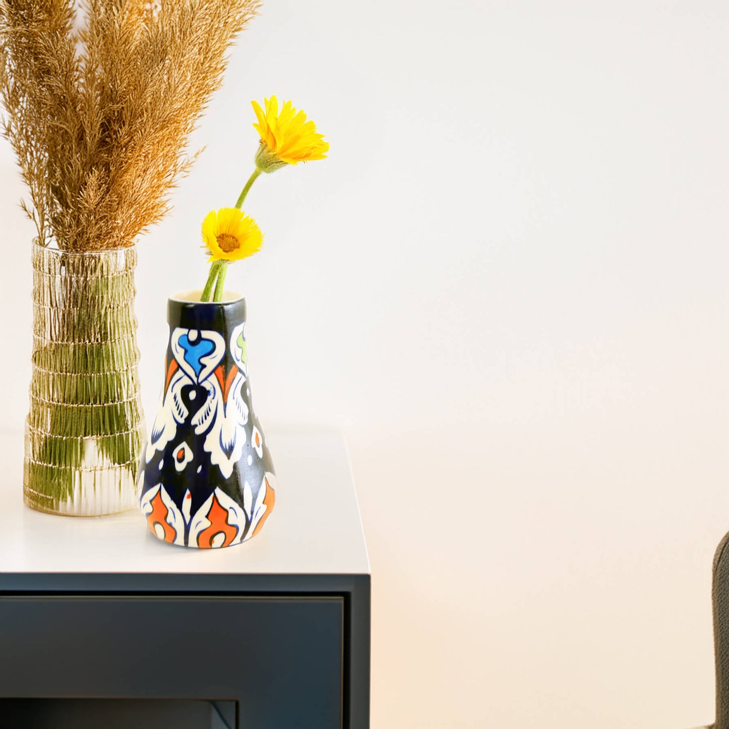 Sun Kissed Small Floral Vase – Hand Painted Blue Pottery