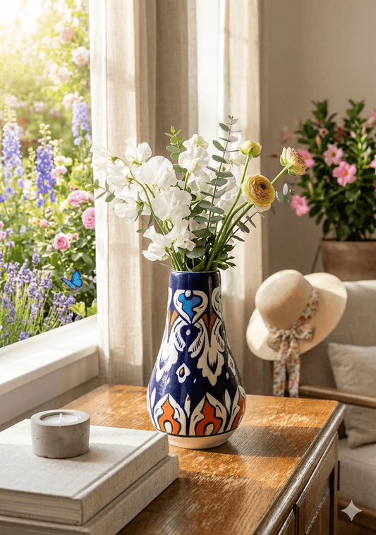 Sun Kissed Small Floral Vase – Hand Painted Blue Pottery