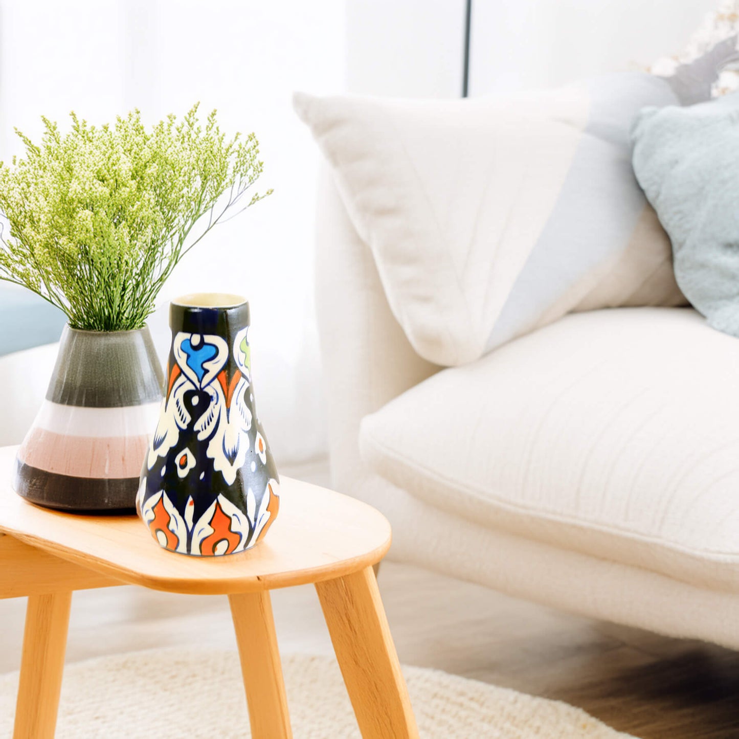 Sun Kissed Small Floral Vase – Hand Painted Blue Pottery