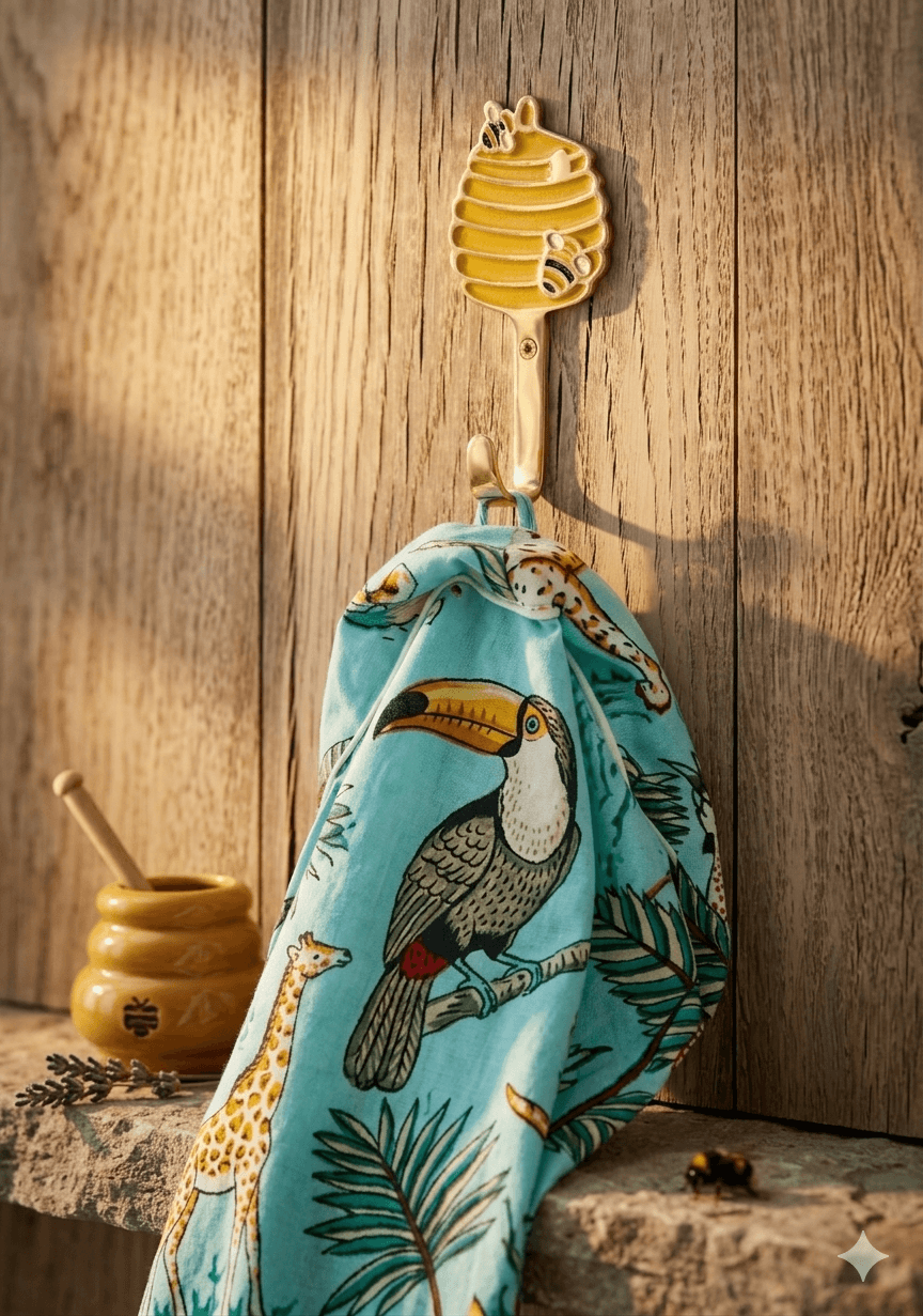 Teal drawstring bag with toucan design hanging on a wooden hook against a wooden wall. beehive brass wall hook
