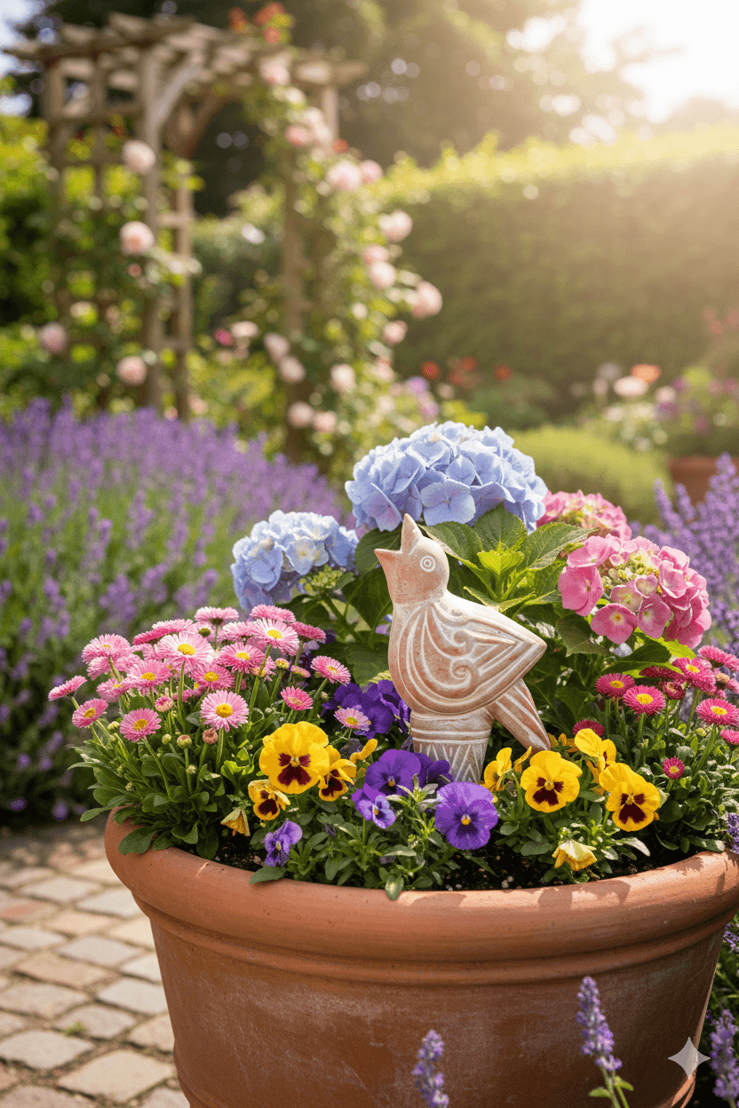 Handmade terracotta bird water spike in a sunny UK flower garden with blue hydrangeas