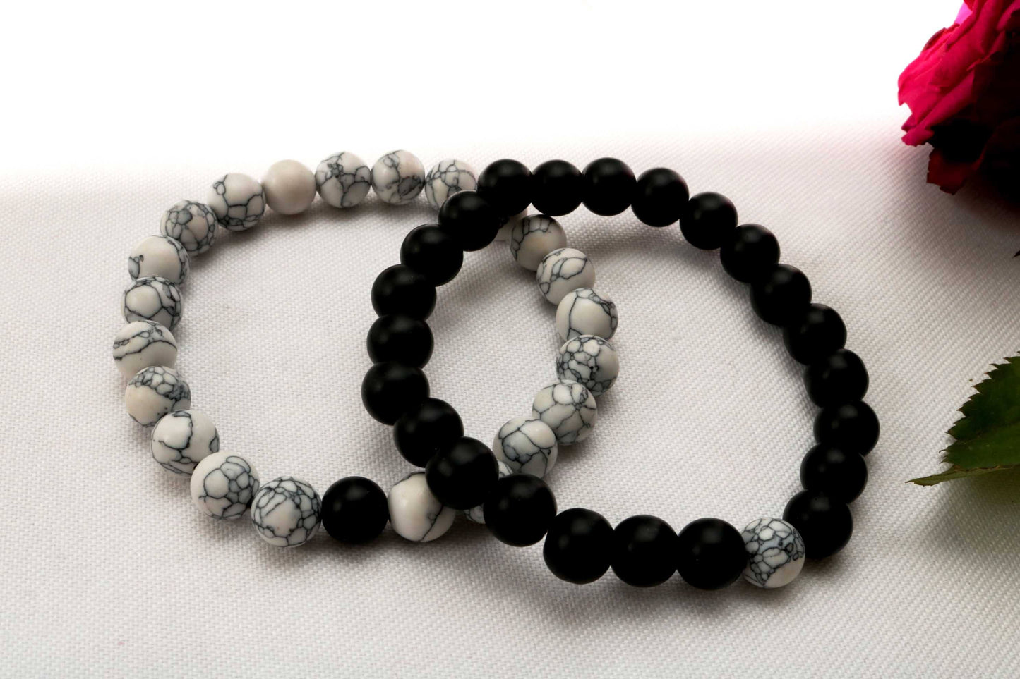 Beaded Bracelet : Find a unique gift with meaning! This black and white turquoise couple bracelet set features genuine gemstones, symbolizing balance and connection. Perfect for anniversaries or any special occasion.