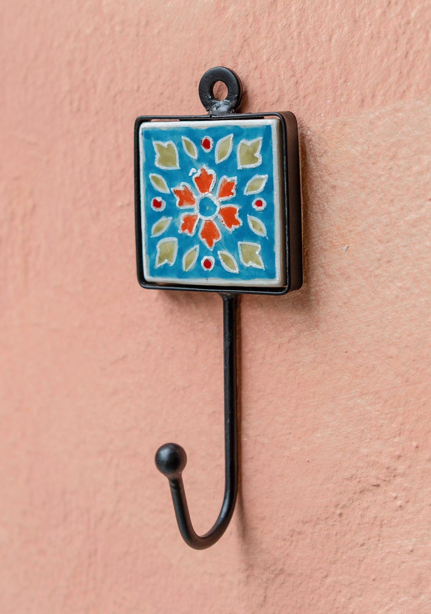 Hand Painted Ceramic Tile Wall Hook - Decorative Boho Style