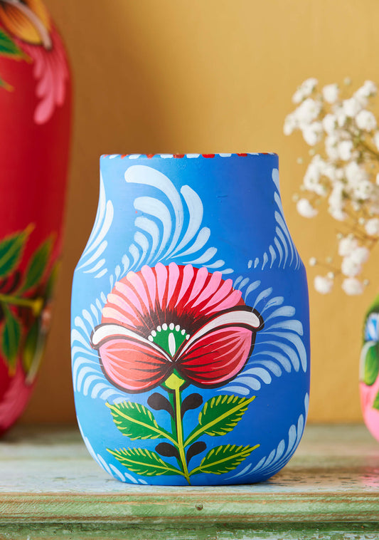 Terracotta Blue Flower Vase - Hand Painted (12 x 17cm)