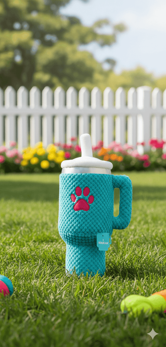 Turquoise dog toy shaped like a tumblr with a paw print on grass, flowers, and white picket fence in the background
