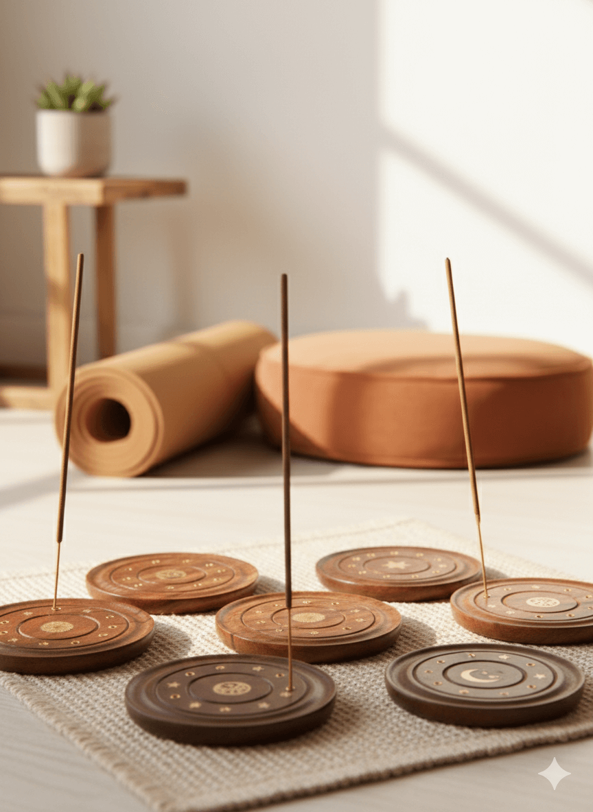 A collection of round Sheesham wood incense holders with brass spiritual symbols and five openings