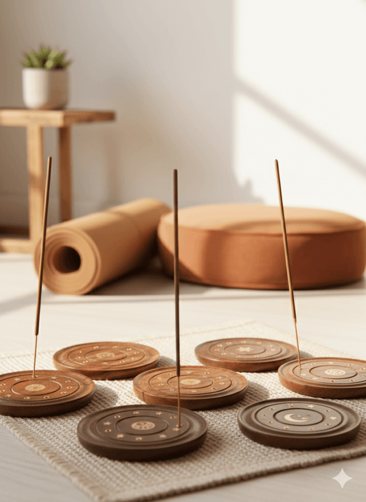 A collection of round Sheesham wood incense holders with brass spiritual symbols and five openings