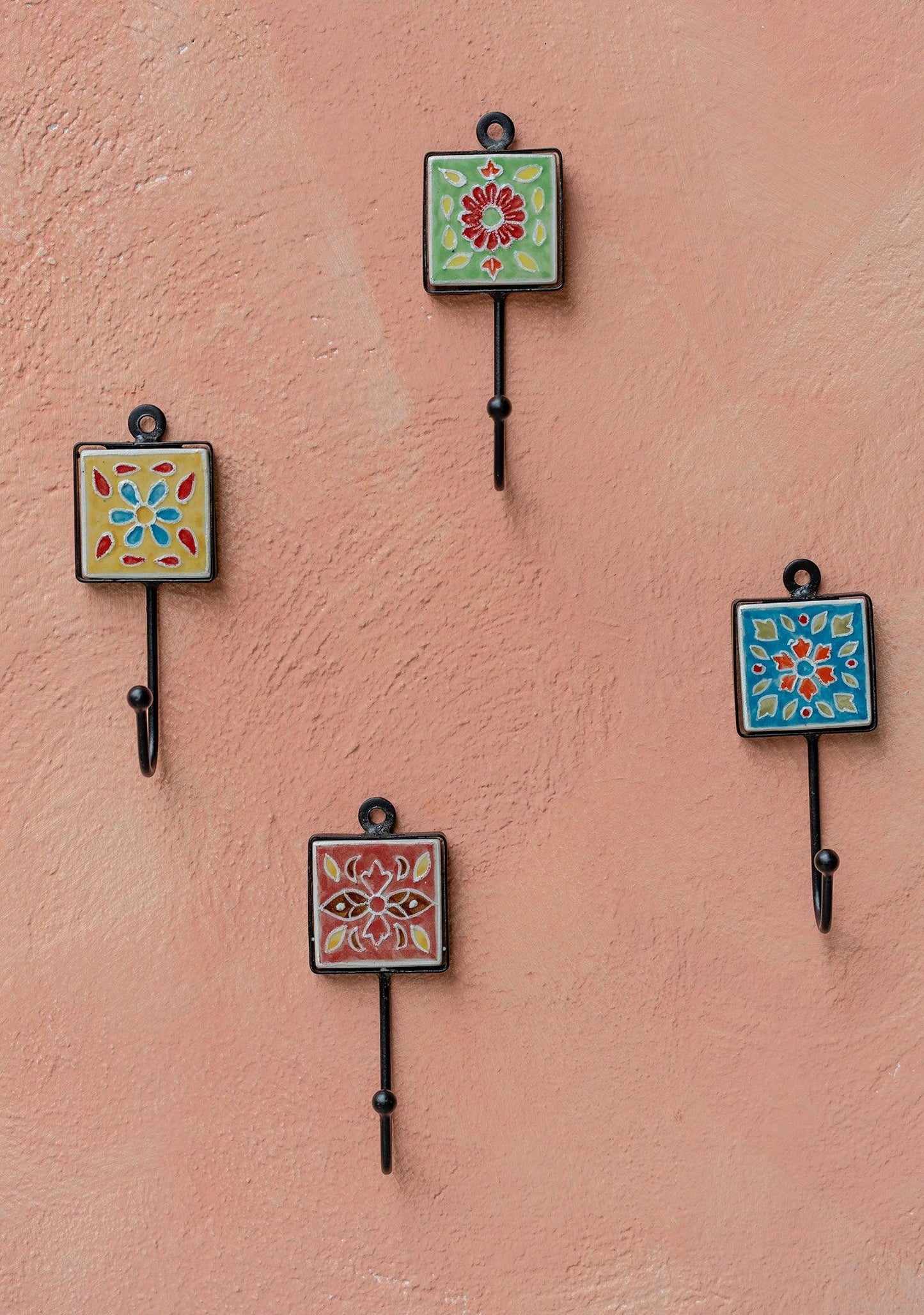 Hand Painted Ceramic Tile Wall Hook - Decorative Boho Style