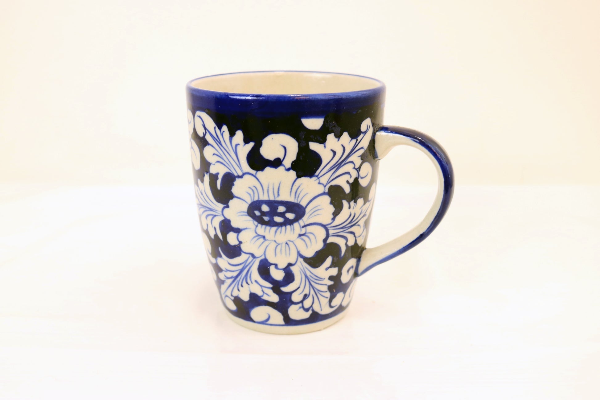 Ceramic Floral Mug - Handmade Blue White Pottery