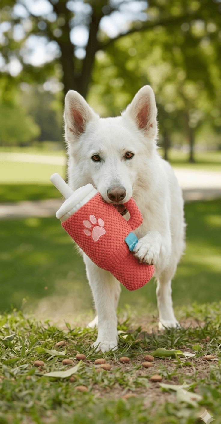 White dog holding a red tumblr toy with paw prints in a park setting