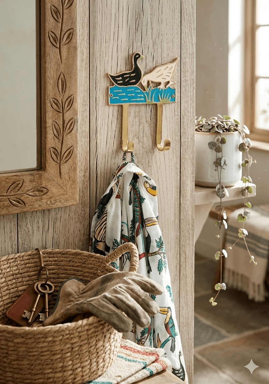Decorative Duck Solid Brass Double Wall Hook 13.5 x 2.5 x 17cm hook with a colorful design on a wooden wall, with a basket and towel below.