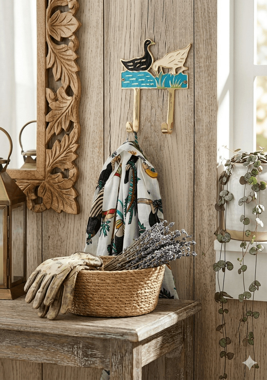 Decorative hook with a duck design on a wooden wall, with a basket of lavender and gloves on a wooden surface.