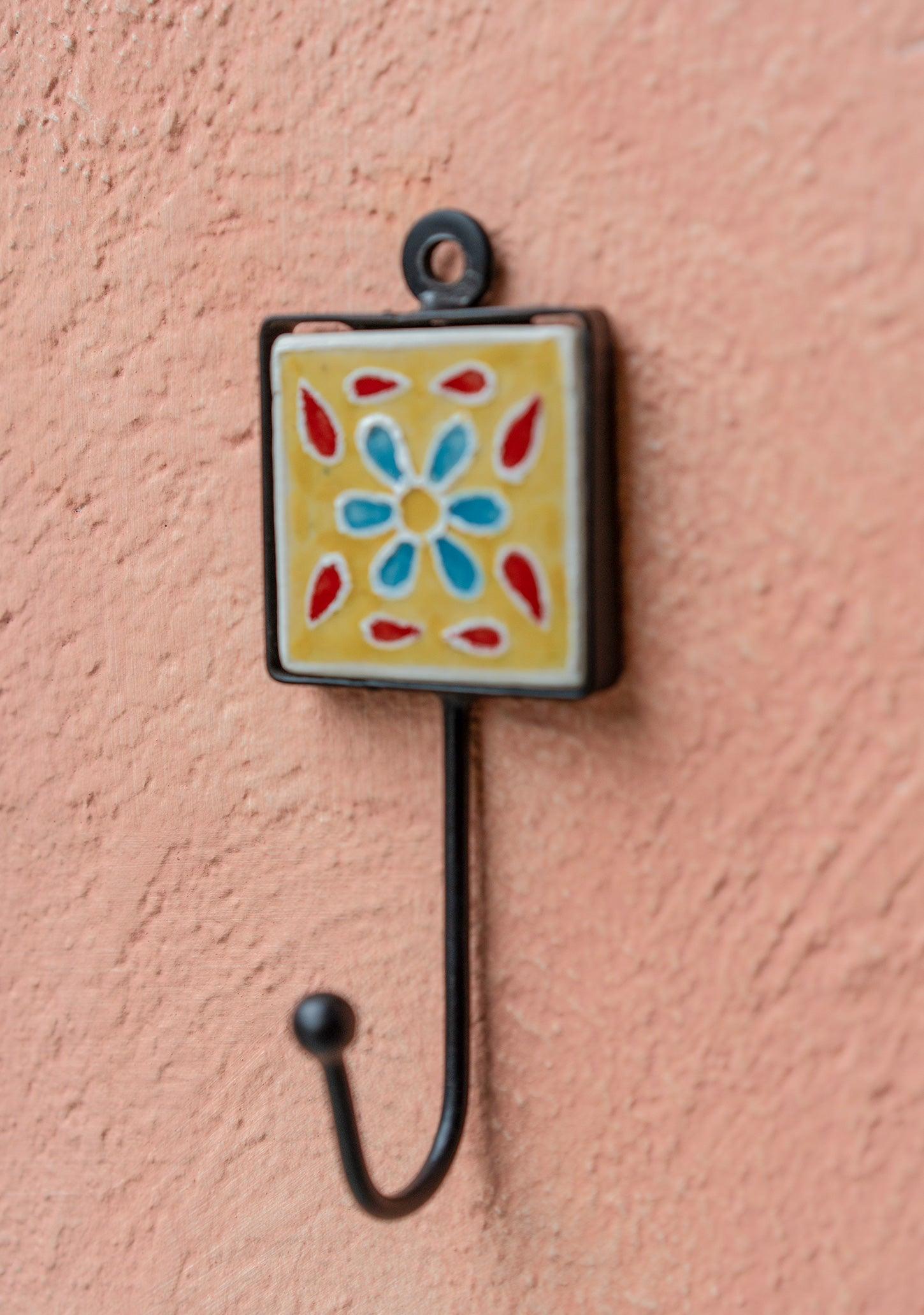 Hand Painted Ceramic Tile Wall Hook - Decorative Boho Style