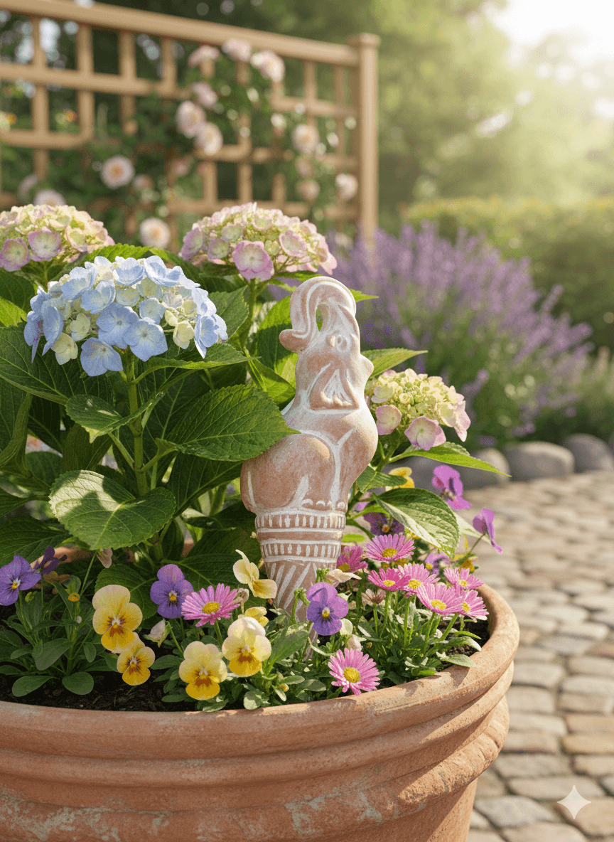 Terracotta elephant water spike for self watering plants, positioned among blue and pink flowers in a garden during a bright, sunny sunset.