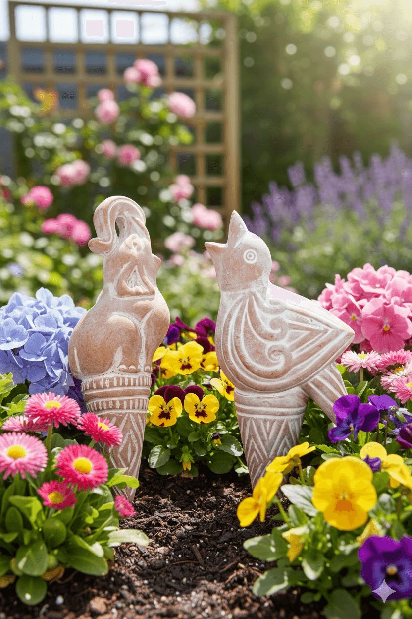 Handmade terracotta bird water spike in a sunny UK flower garden with blue hydrangeas