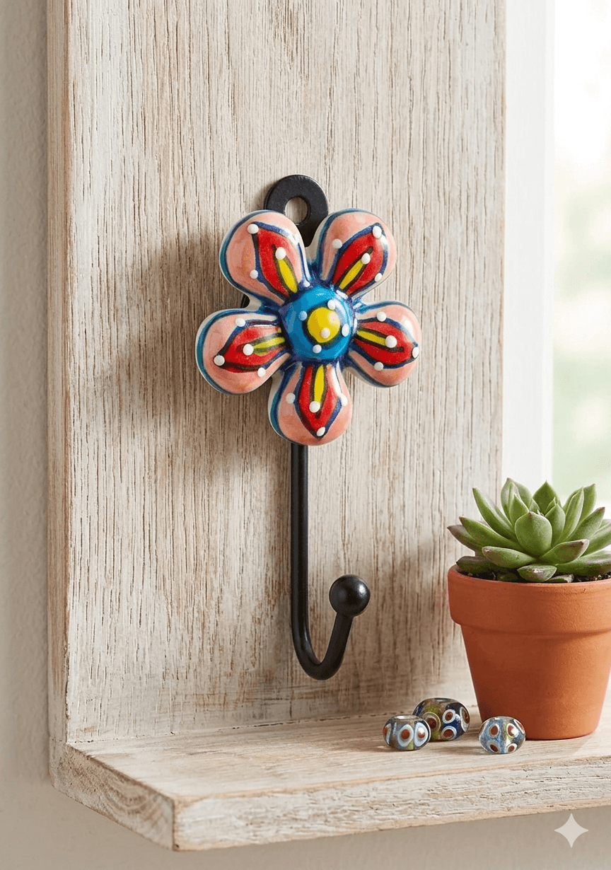 Decorative flower-shaped wall hook with colorful design on a wooden surface.