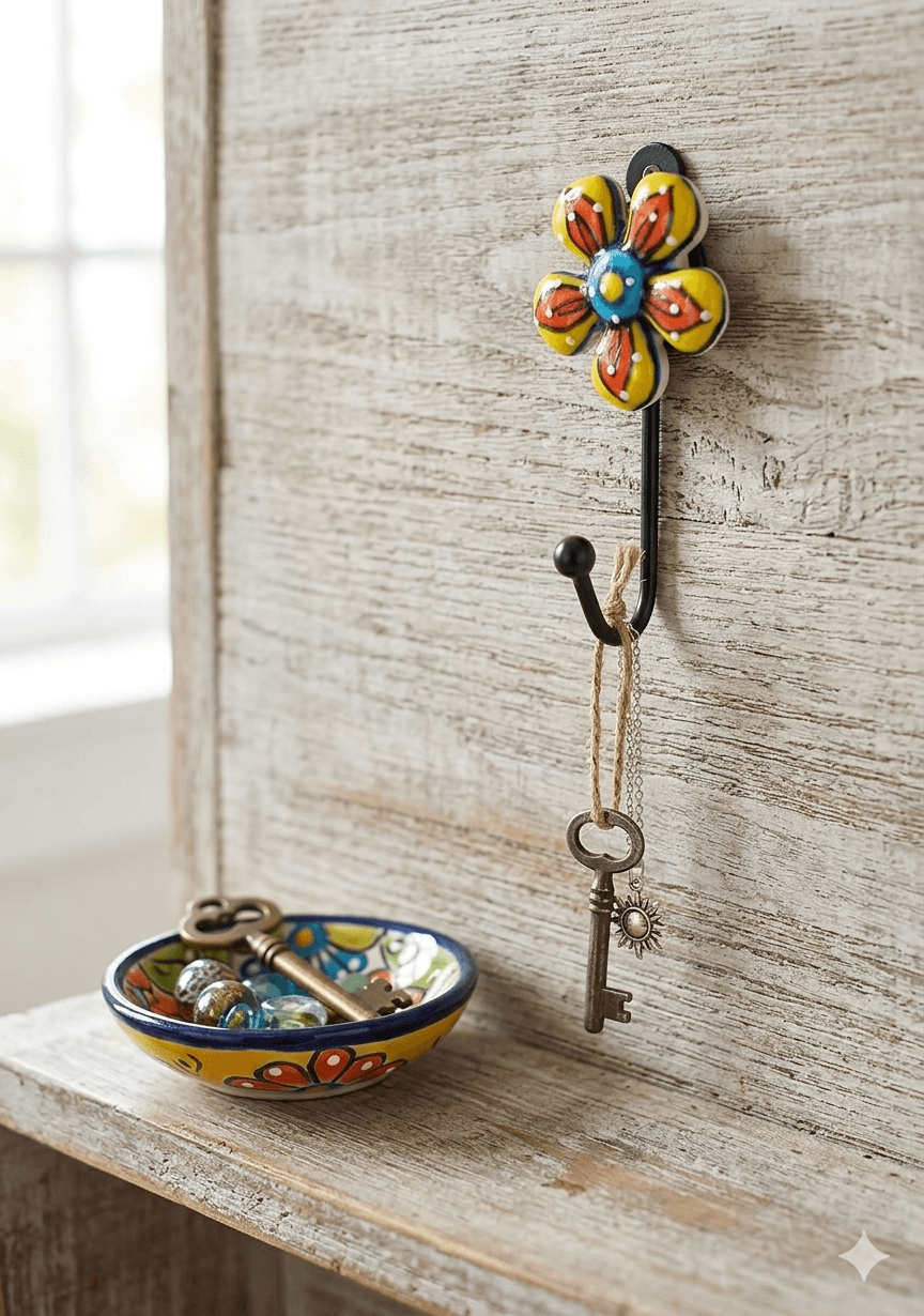 Decorative wall hook with a colorful flower design on a textured wall.