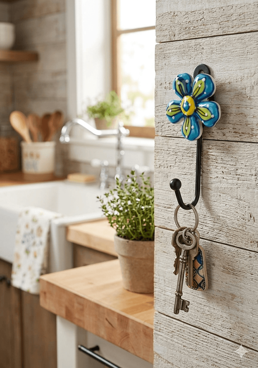 Decorative key holder with a blue flower design on a wooden wall in a kitchen.