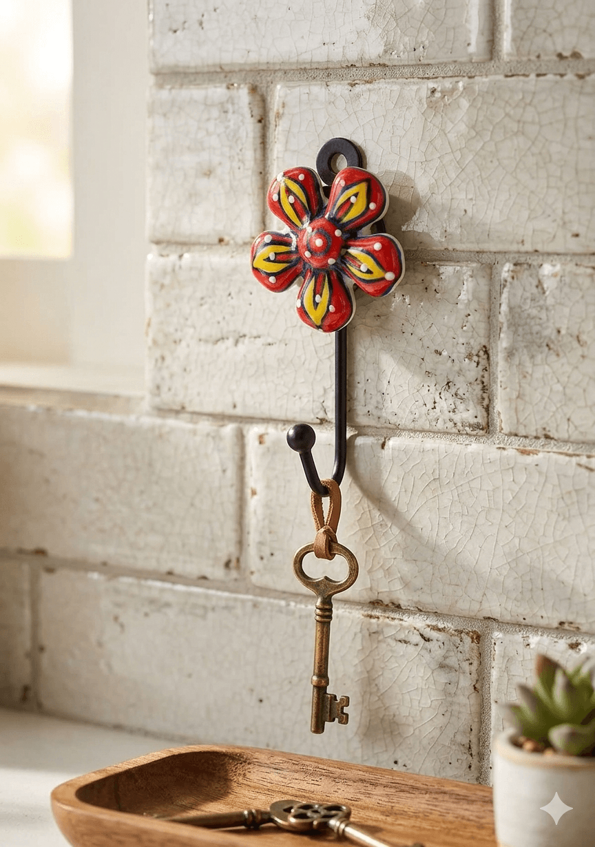 Decorative wall hook with a colorful flower design and vintage key on a tiled wall.