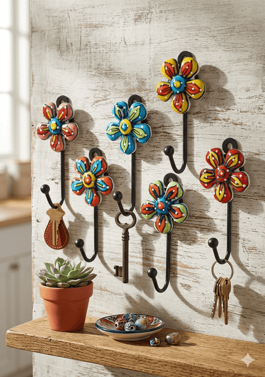 Decorative wall hooks with floral designs on a wooden shelf against a light wooden wall.