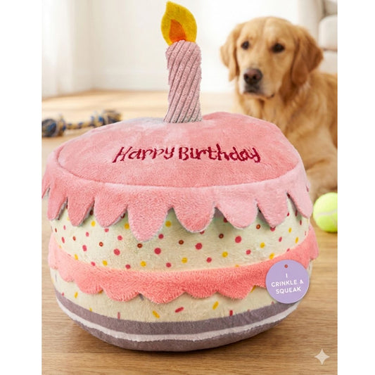 Dog Birthday Cake Plush Toy – Squeaky & Crinkle Sensory Gift