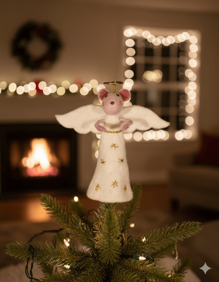 Felt Mouse Angel Tree Topper – Handmade White Christmas Decoration