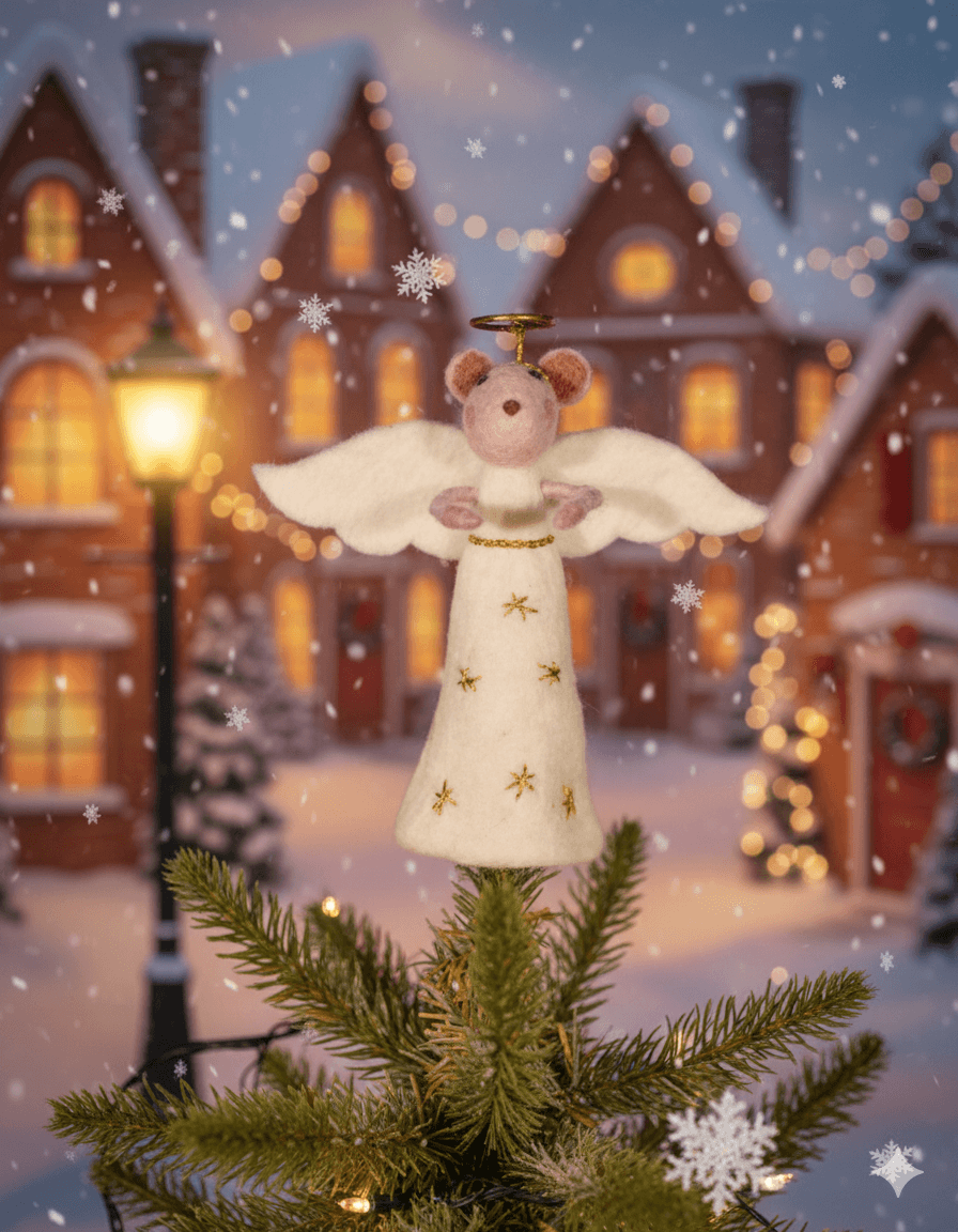 Felt Mouse Angel Tree Topper – Handmade White Christmas Decoration