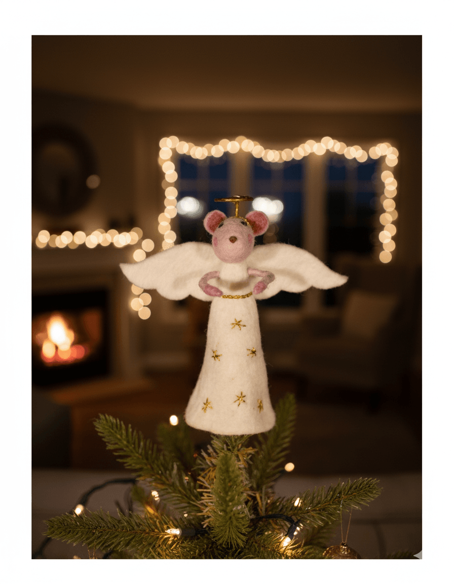 Felt Mouse Angel Tree Topper – Handmade White Christmas Decoration
