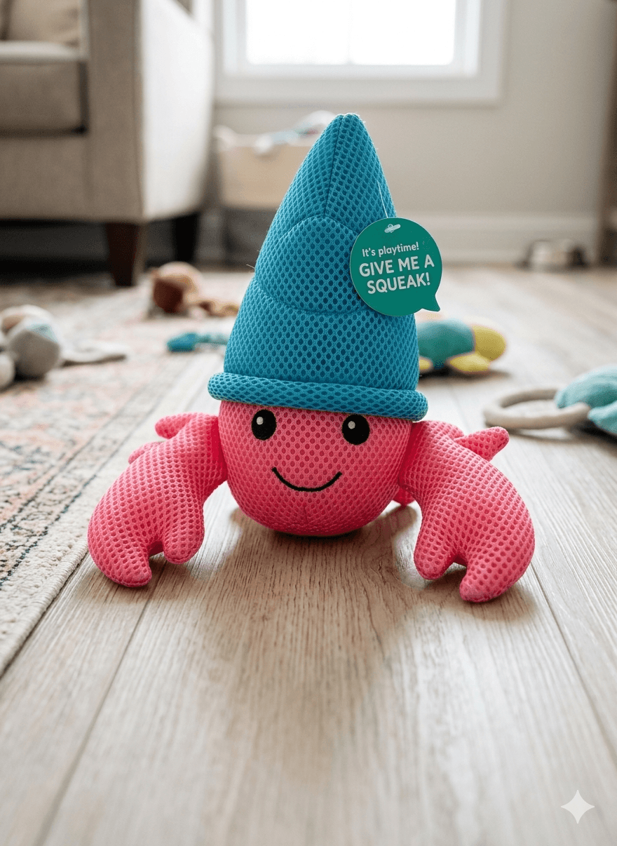 Pink plush toy with a blue hat on a wooden floor, surrounded by other toys. , Knitted Itenractive Plush