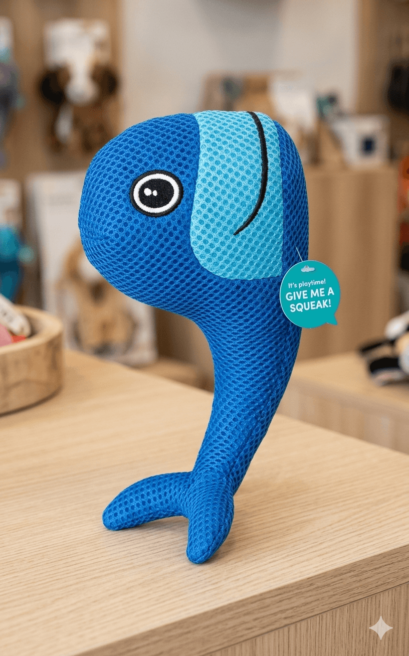 Blue whale-shaped toy with a tag on a wooden surface , Knitted Itenractive Plush