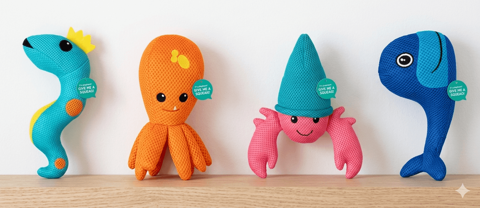 Four colorful toy sea creatures on a wooden surface with a white background, Knitted Itenractive Plush