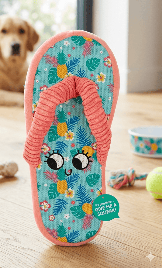 Colorful flip flop dog toy with cartoon face design with a dog in the background.