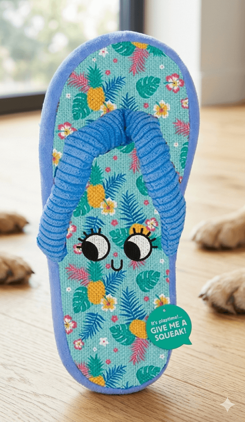 Colorful flip flop dog toy interactive sandal with a cartoon face and floral pattern on a wooden floor for boredom
