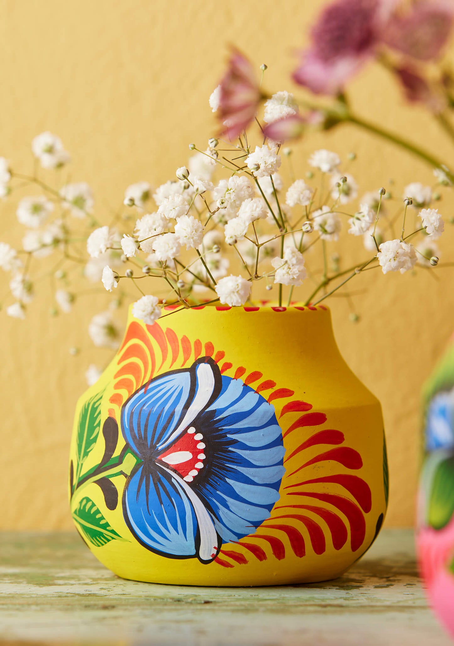 Sun Yellow Floral Terracotta Vase - Flower Vessel 10.5 x 9cm