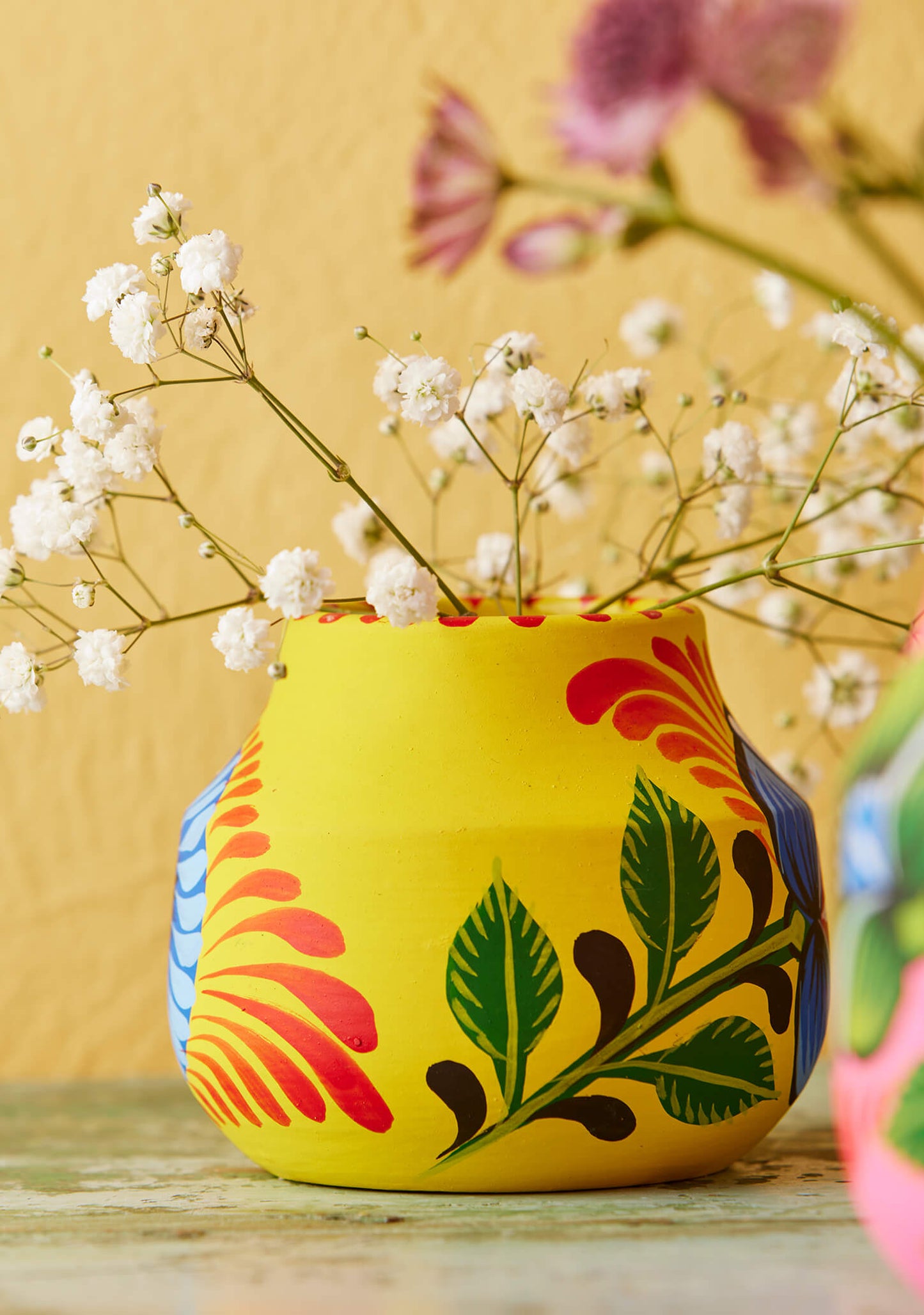 Sun Yellow Floral Terracotta Vase - Flower Vessel 10.5 x 9cm