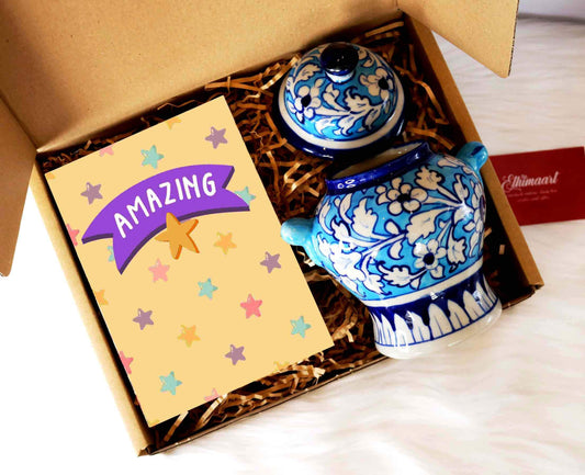 High End Executive Gift | Ethical Corporate Hamper including fair trade and ethically sourced handmade blue and white pottery made by skilled artisans in PAkistan.