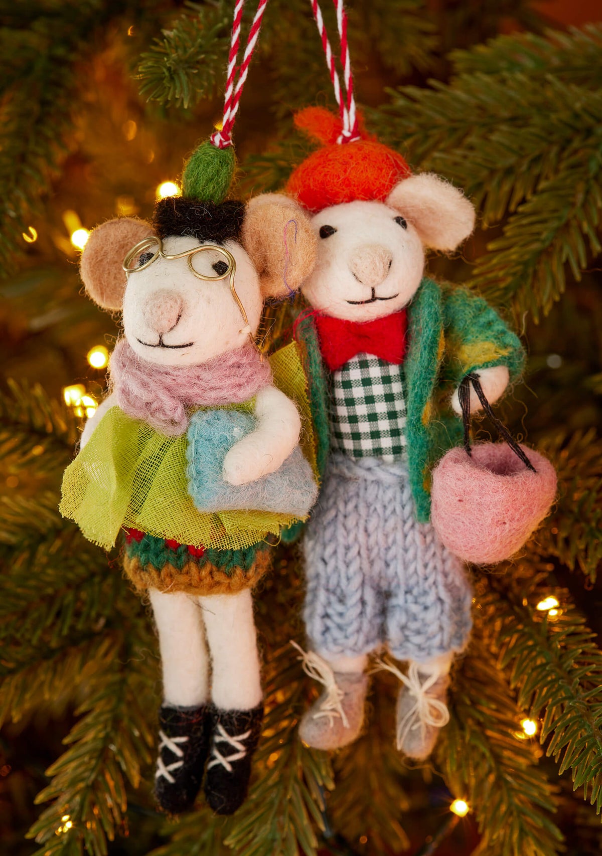 Set of 2 Felt Christmas Tree Shopping Mice – Handmade Ornaments