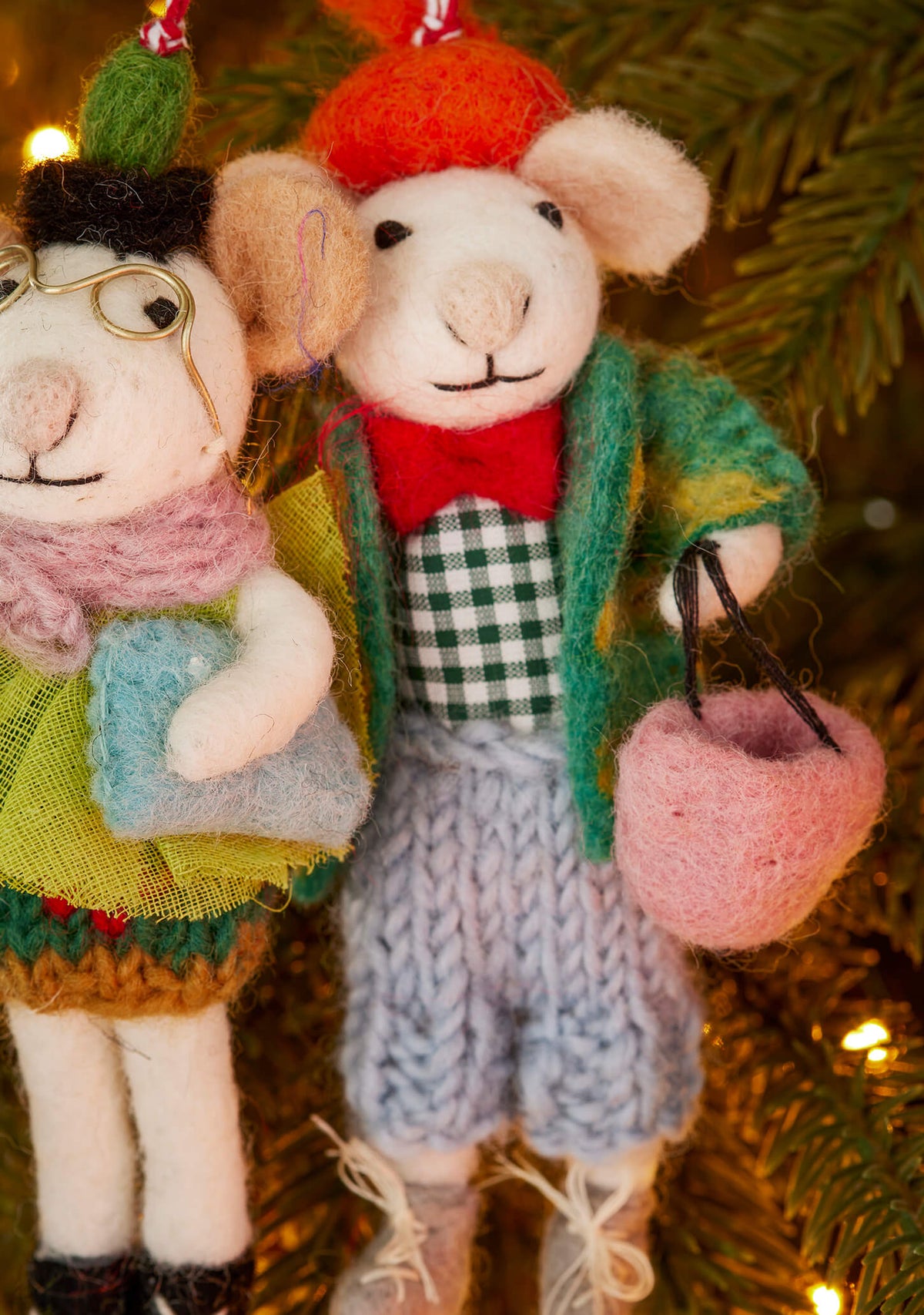 Set of 2 Felt Christmas Tree Shopping Mice – Handmade Ornaments