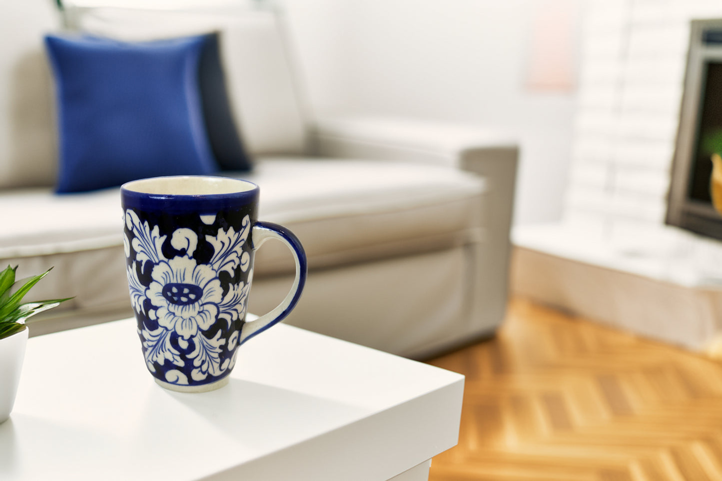 Ceramic Floral Mug - Handmade Blue White Pottery